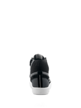 Alpinestars Stated Shoes, urban motorcycle riding shoes, Black Gray White, rear view featuring white vulcanized sole, gray suede and canvas upper, black knitted ankle collar with "AST63" branding, and vertical white zigzag stitching on the heel.