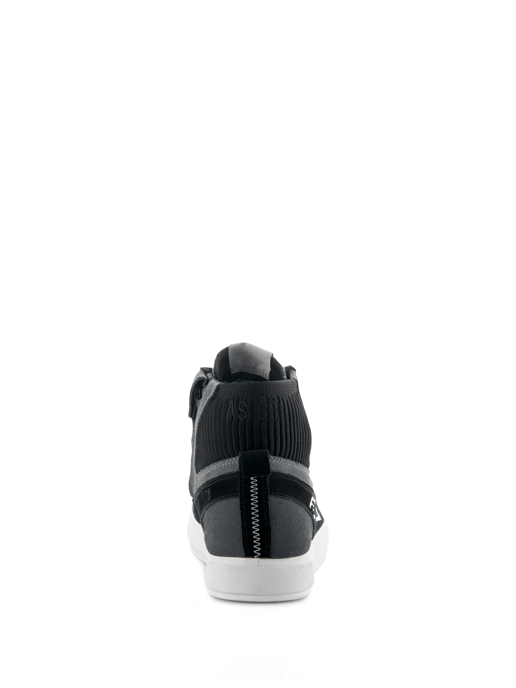 Alpinestars Stated Shoes, urban motorcycle riding shoes, Black Gray White, rear view featuring white vulcanized sole, gray suede and canvas upper, black knitted ankle collar with "AST63" branding, and vertical white zigzag stitching on the heel.