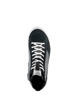 Alpinestars Stated Shoes, Top-down view of Black Gray and White motorcycle sneaker, featuring white laces, split suede and canvas upper, white vulcanized sole, urban riding footwear