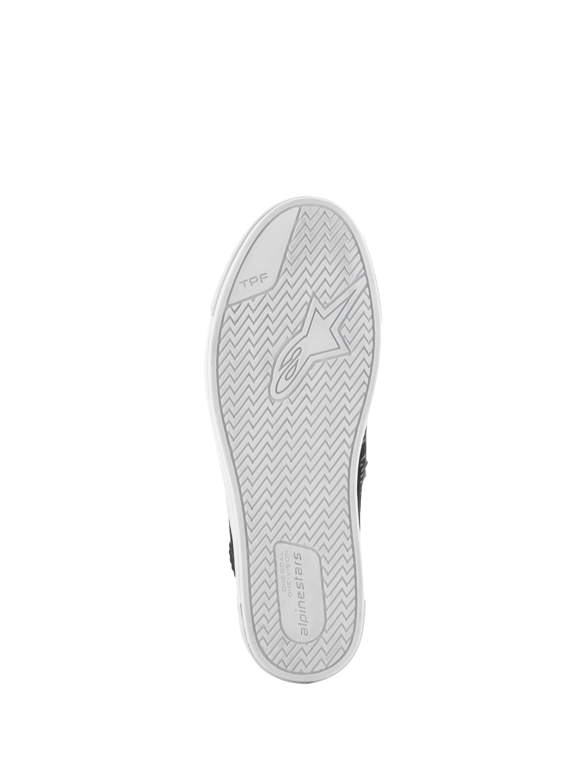 Alpinestars Stated Shoes, Bottom View, White Vulcanized Rubber Outsole, Herringbone Tread Pattern with Alpinestars Logo and TPF Branding, Urban Motorcycle Footwear