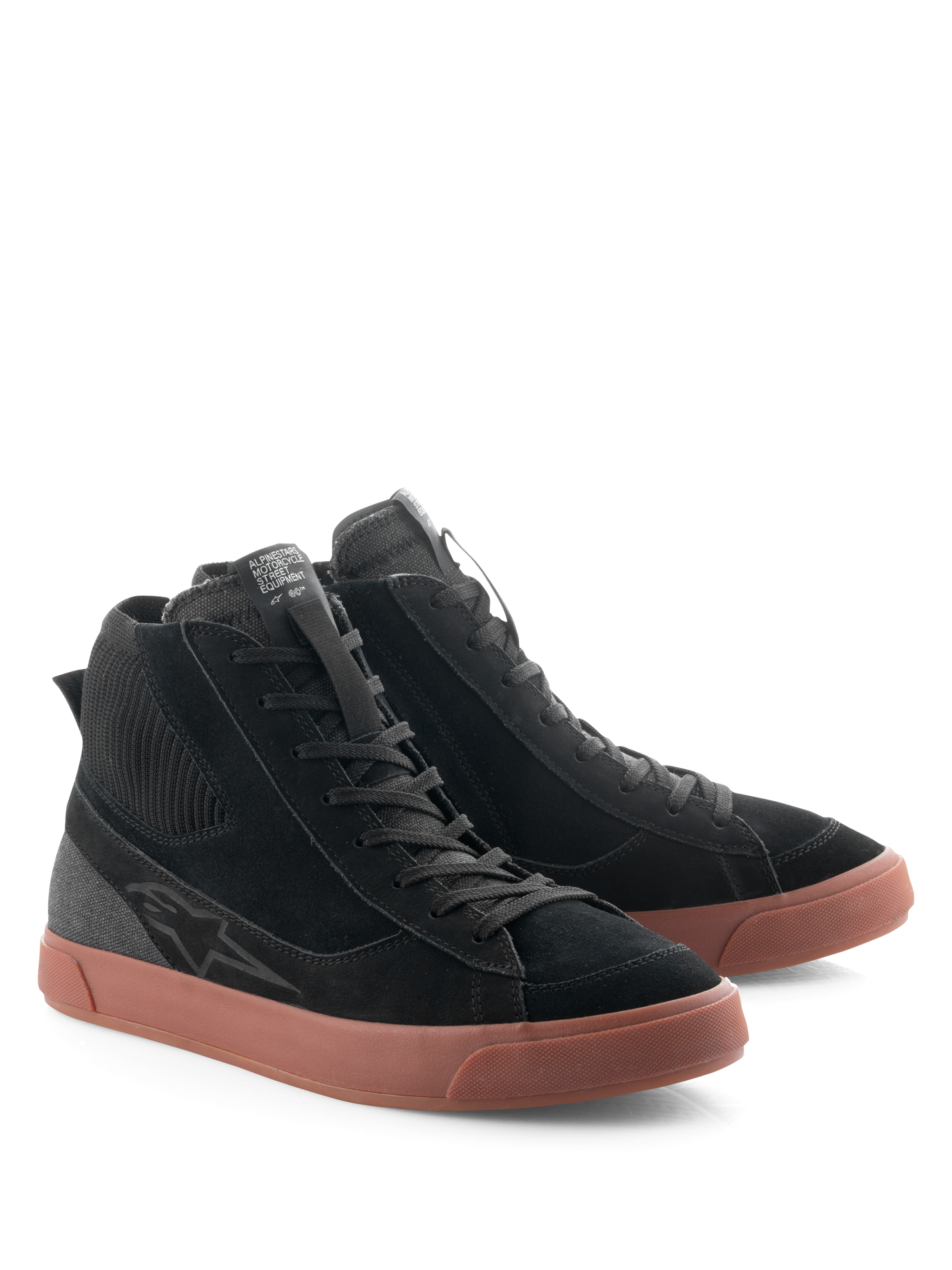 Alpinestars Stated Shoes, Urban Motorcycle Riding Shoes, Black and Gum, high-top silhouette with black suede and canvas upper, brown vulcanized rubber sole, retro skate-inspired design for street and road use
