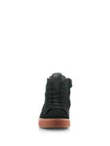 Alpinestars Stated Shoes, Urban Motorcycle Riding Shoes, Black Gum, front view featuring black nubuck and suede upper, classic laces, and textured gum sole, skate-inspired protective footwear