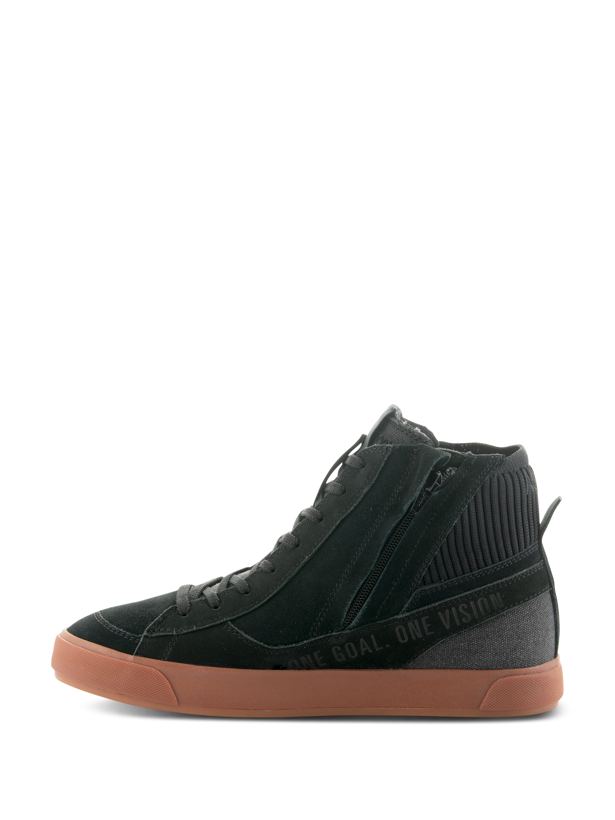 Alpinestars Stated Shoes, Urban Motorcycle Riding Shoes, Black and Gum, lateral view showing side zipper, vulcanized rubber sole, and 'ONE GOAL. ONE VISION.' text on the suede and canvas upper