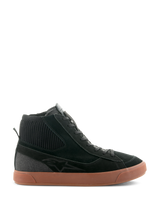 Alpinestars Stated Shoes, Black high-top motorcycle riding sneaker with a brown gum rubber sole, suede and canvas upper featuring a ribbed knit ankle collar, retro skate-inspired streetwear design