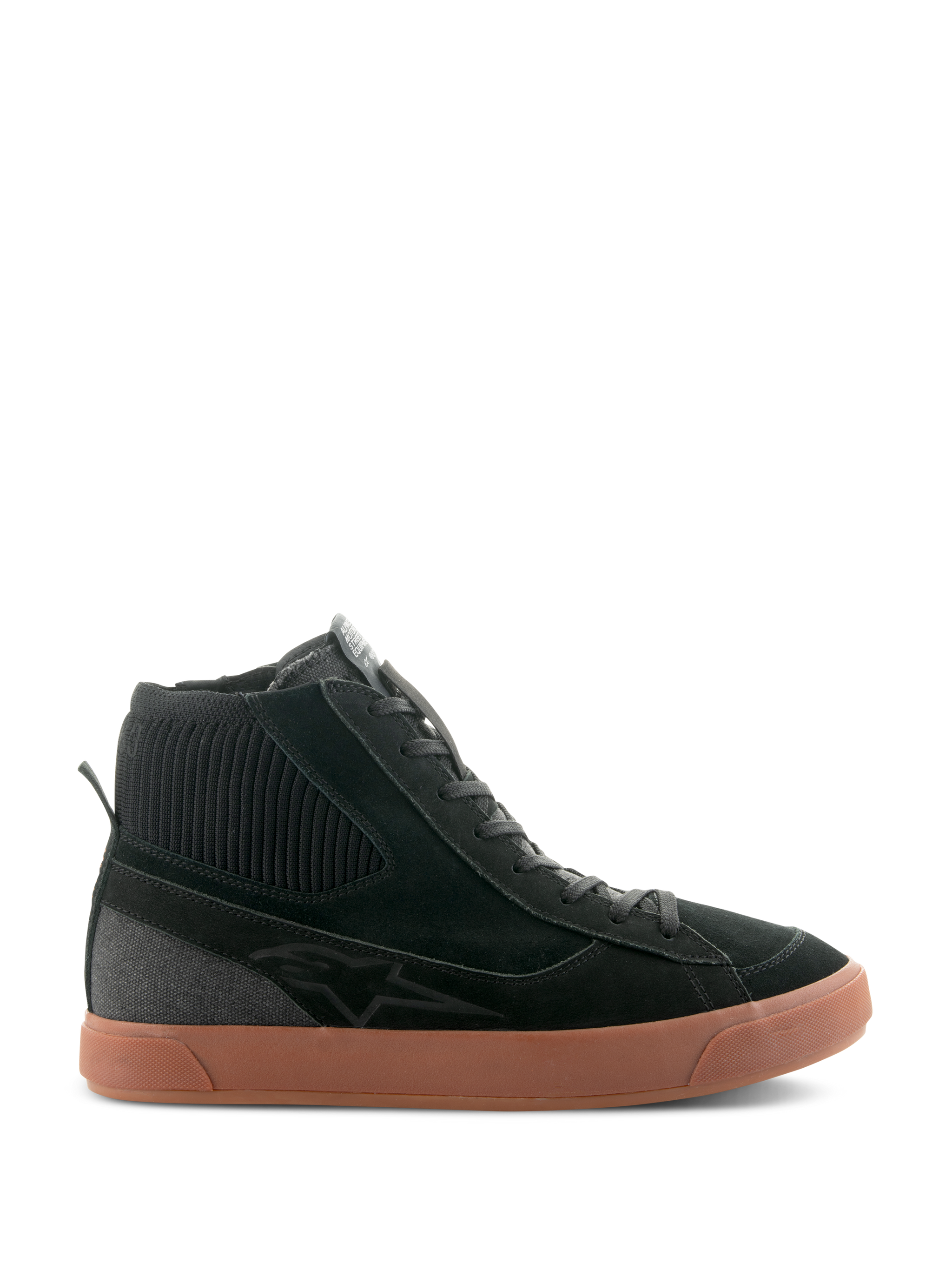 Alpinestars Stated Shoes, Black high-top motorcycle riding sneaker with a brown gum rubber sole, suede and canvas upper featuring a ribbed knit ankle collar, retro skate-inspired streetwear design