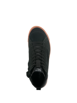 Alpinestars Stated Shoes, Top-down view of urban motorcycle riding shoe, Black suede upper with gum-colored vulcanized sole, minimalistic skate-inspired design, classic laces and street sneaker styling.