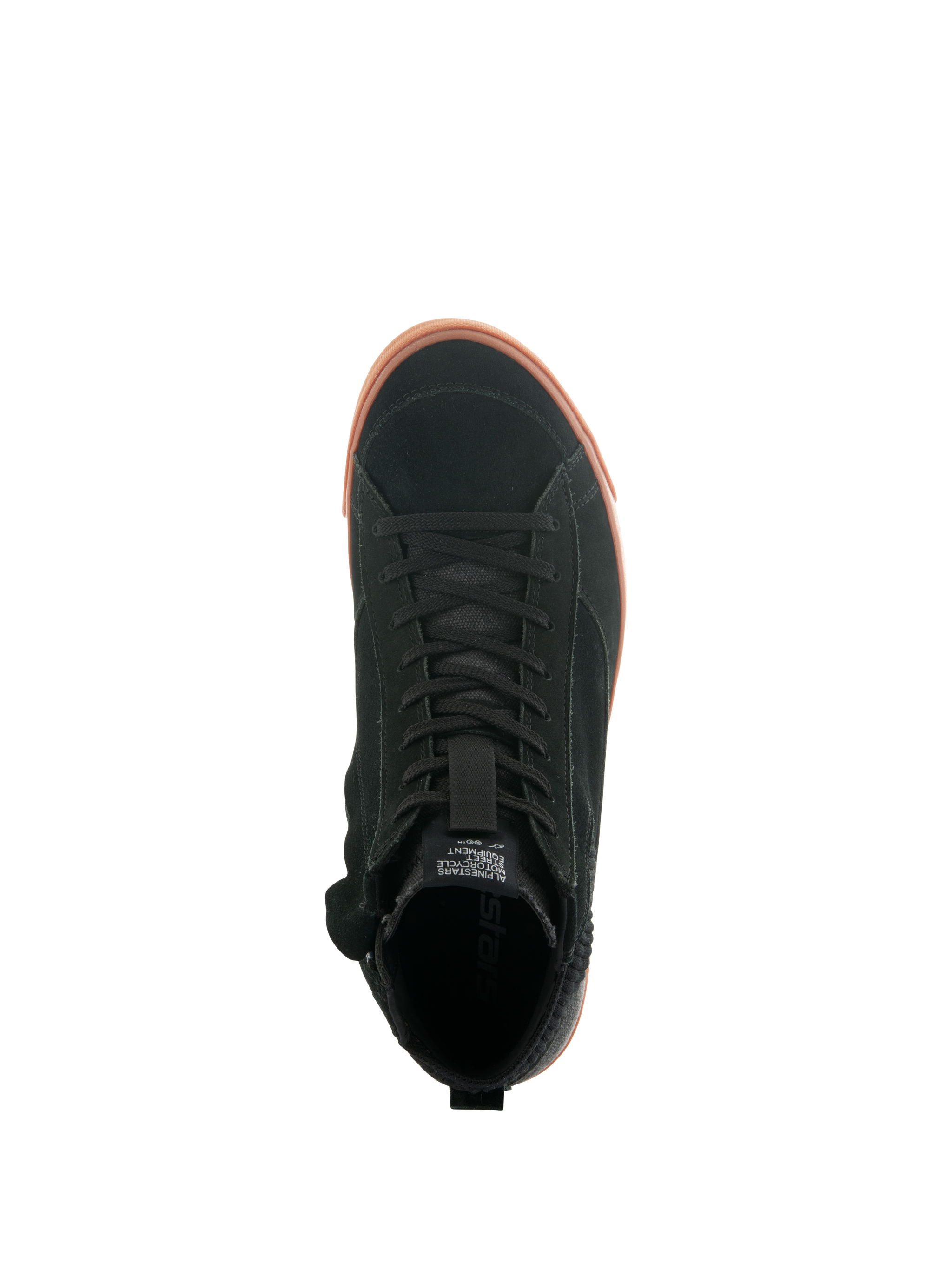 Alpinestars Stated Shoes, Top-down view of urban motorcycle riding shoe, Black suede upper with gum-colored vulcanized sole, minimalistic skate-inspired design, classic laces and street sneaker styling.