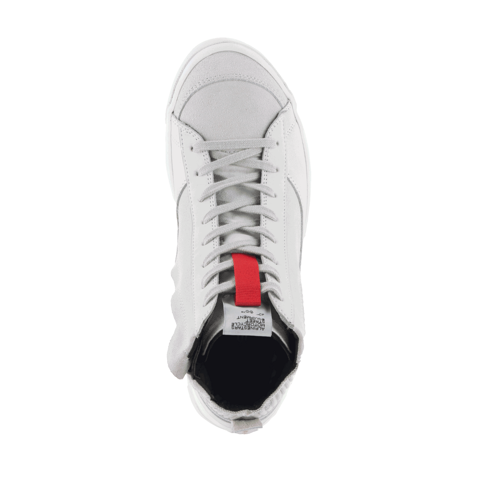 Alpinestars Stated Shoes, Men's Urban Riding Shoes, White and Cool Gray, top-down view of suede skate-inspired sneaker.