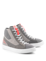 Alpinestars Stated Shoes, Urban Motorcycle Riding Shoes, Light Gray Red Fluo White, retro street sneaker design with a white vulcanized sole, suede and canvas panels, featuring fluo red accents on the tongue and side logo.
