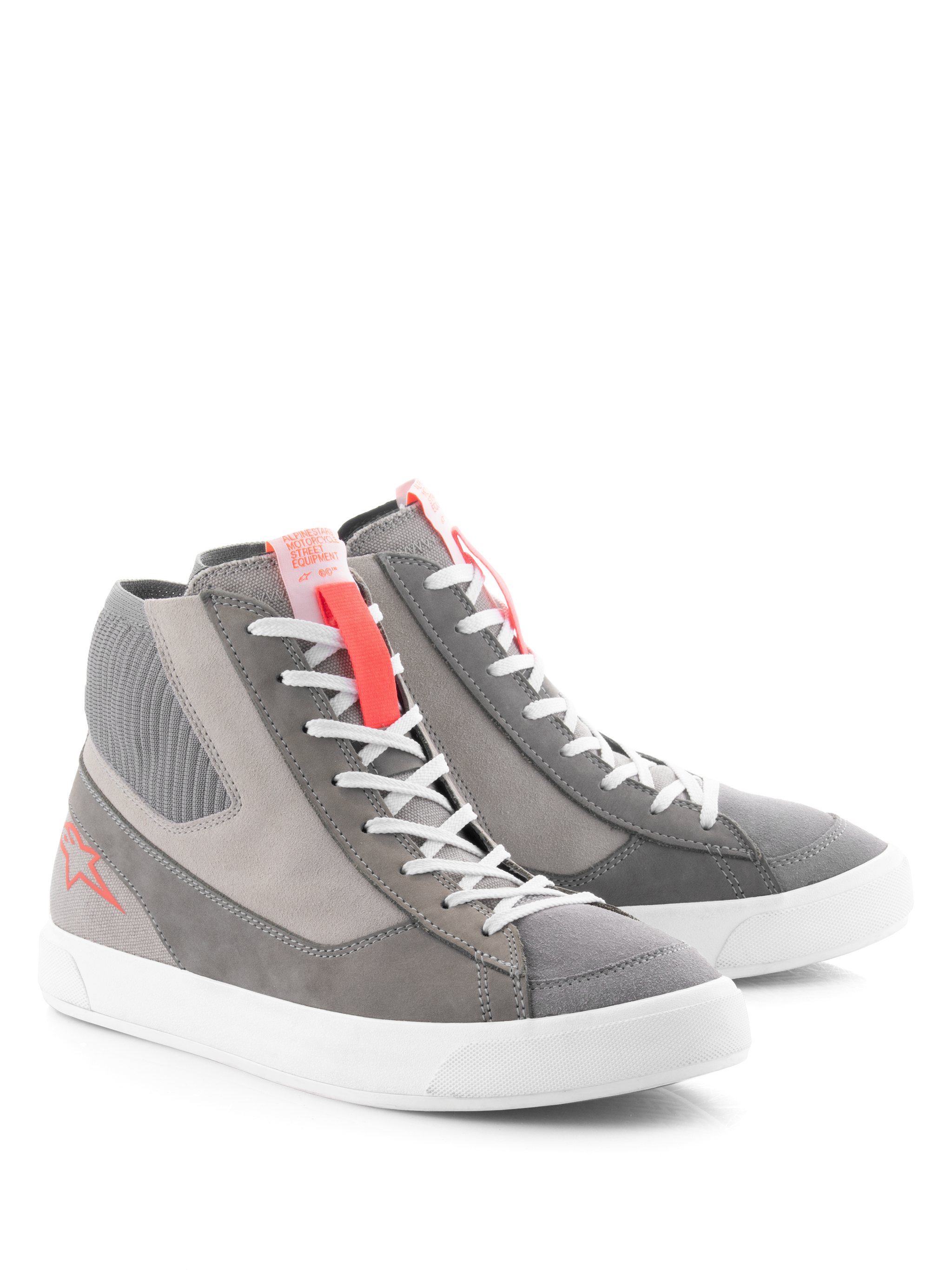Alpinestars Stated Shoes, Urban Motorcycle Riding Shoes, Light Gray Red Fluo White, retro street sneaker design with a white vulcanized sole, suede and canvas panels, featuring fluo red accents on the tongue and side logo.