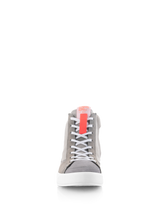 Alpinestars Stated Shoes, Motorcycle Riding Shoes, Light Gray Red Fluo and White, front view showing white laces, a red fluo tongue tab, and a white vulcanized sole, retro street sneaker style