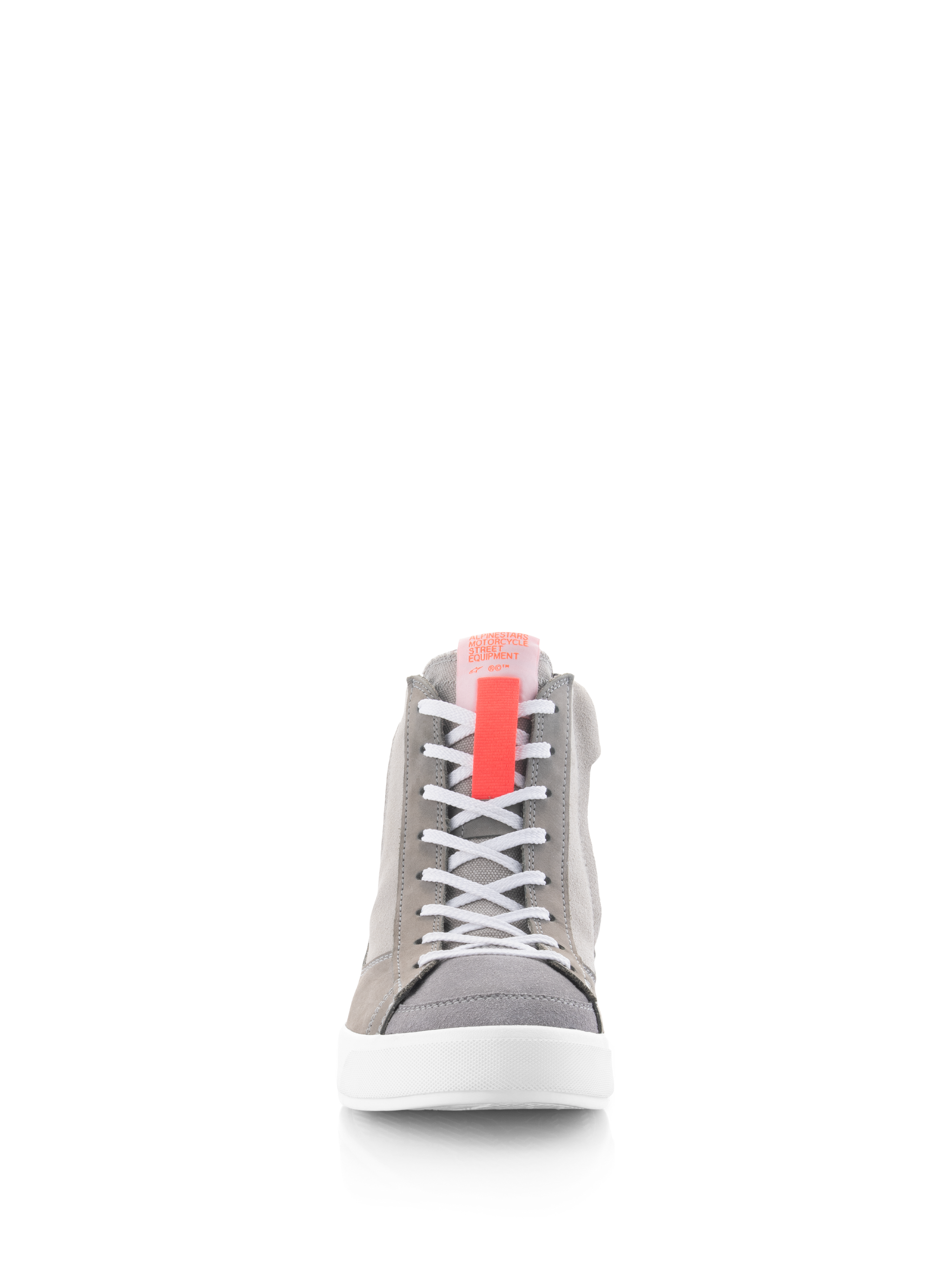 Alpinestars Stated Shoes, Motorcycle Riding Shoes, Light Gray Red Fluo and White, front view showing white laces, a red fluo tongue tab, and a white vulcanized sole, retro street sneaker style
