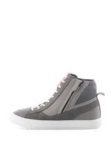 Alpinestars Stated Shoes, urban motorcycle riding shoes in Light Gray Red Fluo White, high-top retro sneaker design with gray suede and canvas upper, lateral zipper, and white vulcanized sole