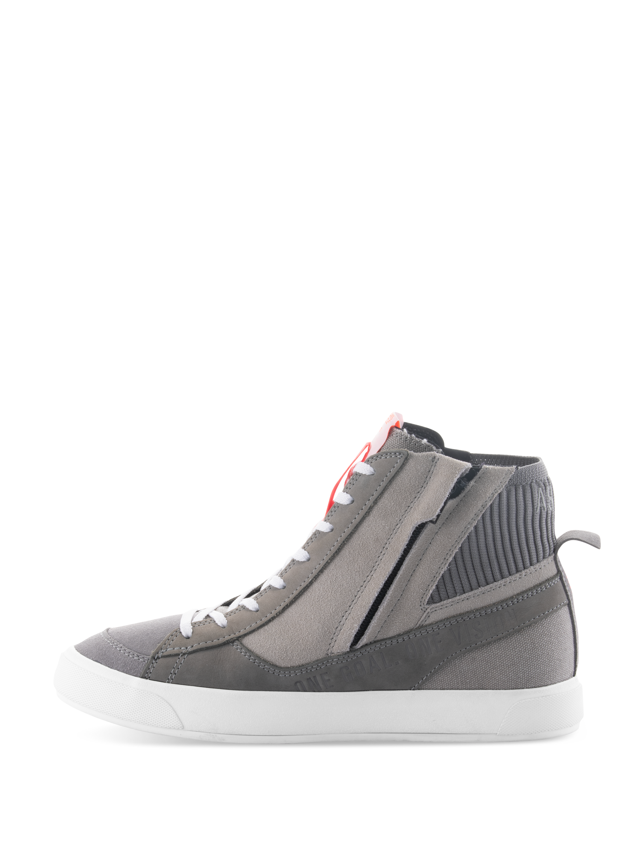 Alpinestars Stated Shoes, urban motorcycle riding shoes in Light Gray Red Fluo White, high-top retro sneaker design with gray suede and canvas upper, lateral zipper, and white vulcanized sole