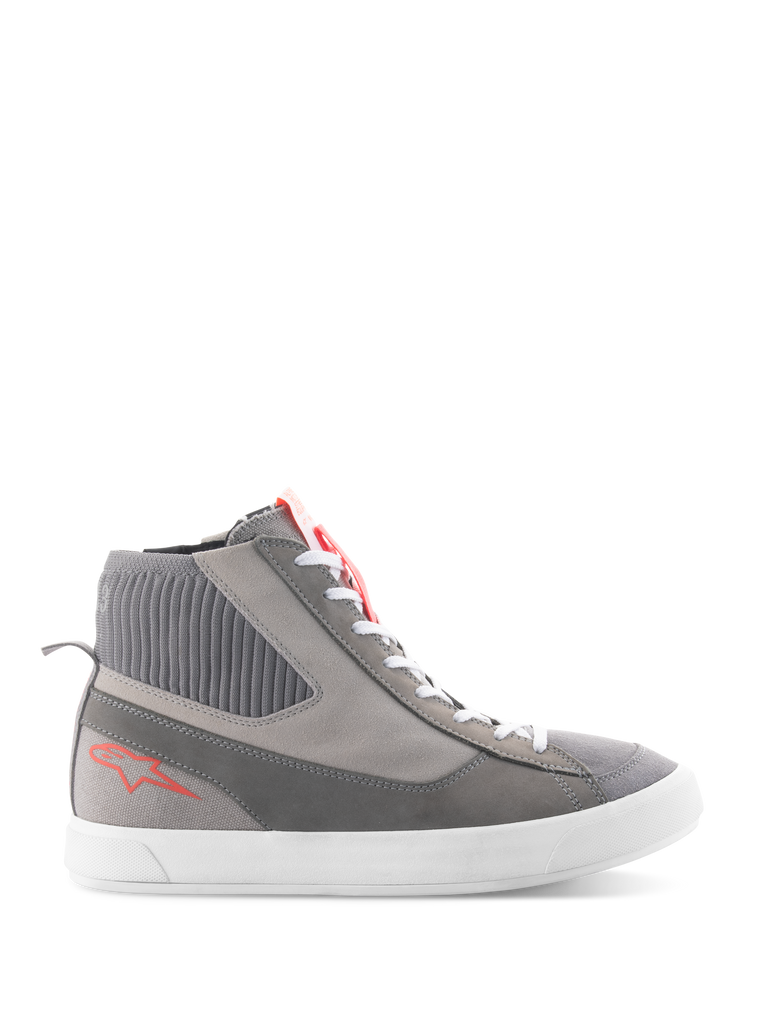 Alpinestars Stated Shoes, High-top motorcycle riding shoes, Light Gray and Red Fluo, featuring a ribbed knitted ankle collar, white vulcanized sole, red star logo on the heel, and split suede toebox, modern urban streetwear design