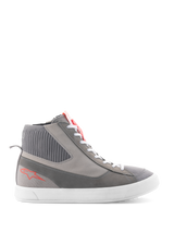Alpinestars Stated Shoes, High-top motorcycle riding shoes, Light Gray and Red Fluo, featuring a ribbed knitted ankle collar, white vulcanized sole, red star logo on the heel, and split suede toebox, modern urban streetwear design