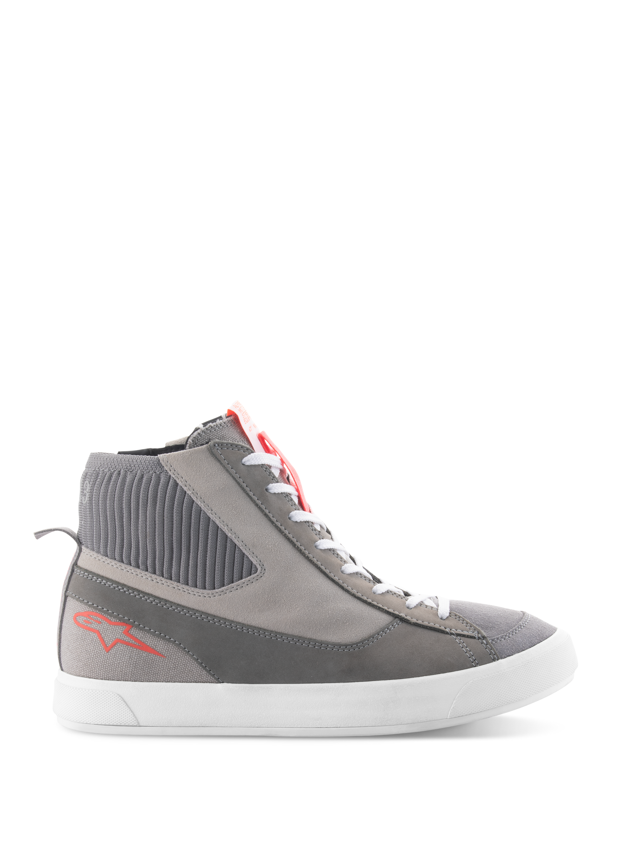 Alpinestars Stated Shoes, High-top motorcycle riding shoes, Light Gray and Red Fluo, featuring a ribbed knitted ankle collar, white vulcanized sole, red star logo on the heel, and split suede toebox, modern urban streetwear design