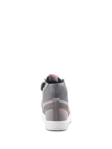 Alpinestars Stated Shoes, Urban Riding Shoes, Light Gray Red Fluo White, rear view showing ribbed knit ankle collar with 'AS 63' branding, white vulcanized sole, and red heel logo with stitched detail