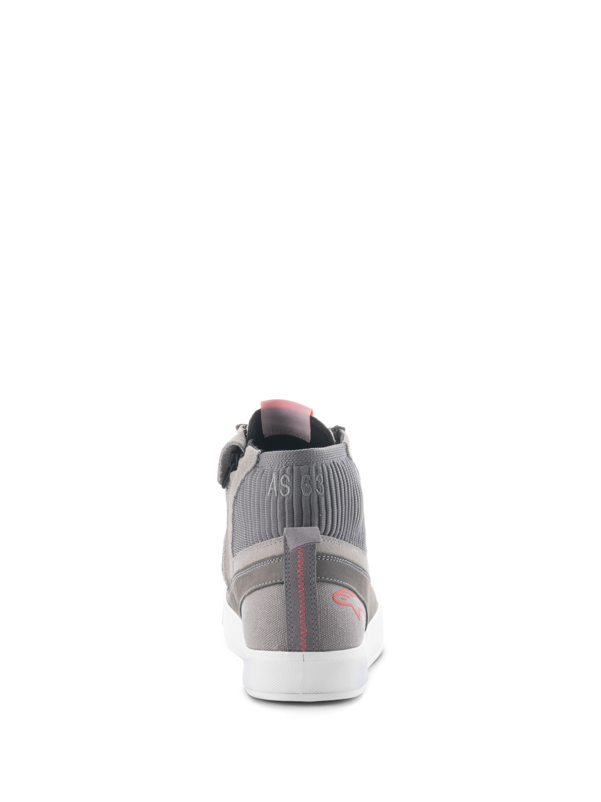 Alpinestars Stated Shoes, Urban Riding Shoes, Light Gray Red Fluo White, rear view showing ribbed knit ankle collar with 'AS 63' branding, white vulcanized sole, and red heel logo with stitched detail