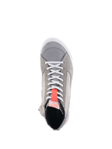 Alpinestars Stated Shoes, Light Gray motorcycle riding sneakers, top-down view featuring white laces and a bright red fluo pull tab, urban street style with suede and nubuck materials, white vulcanized sole edge