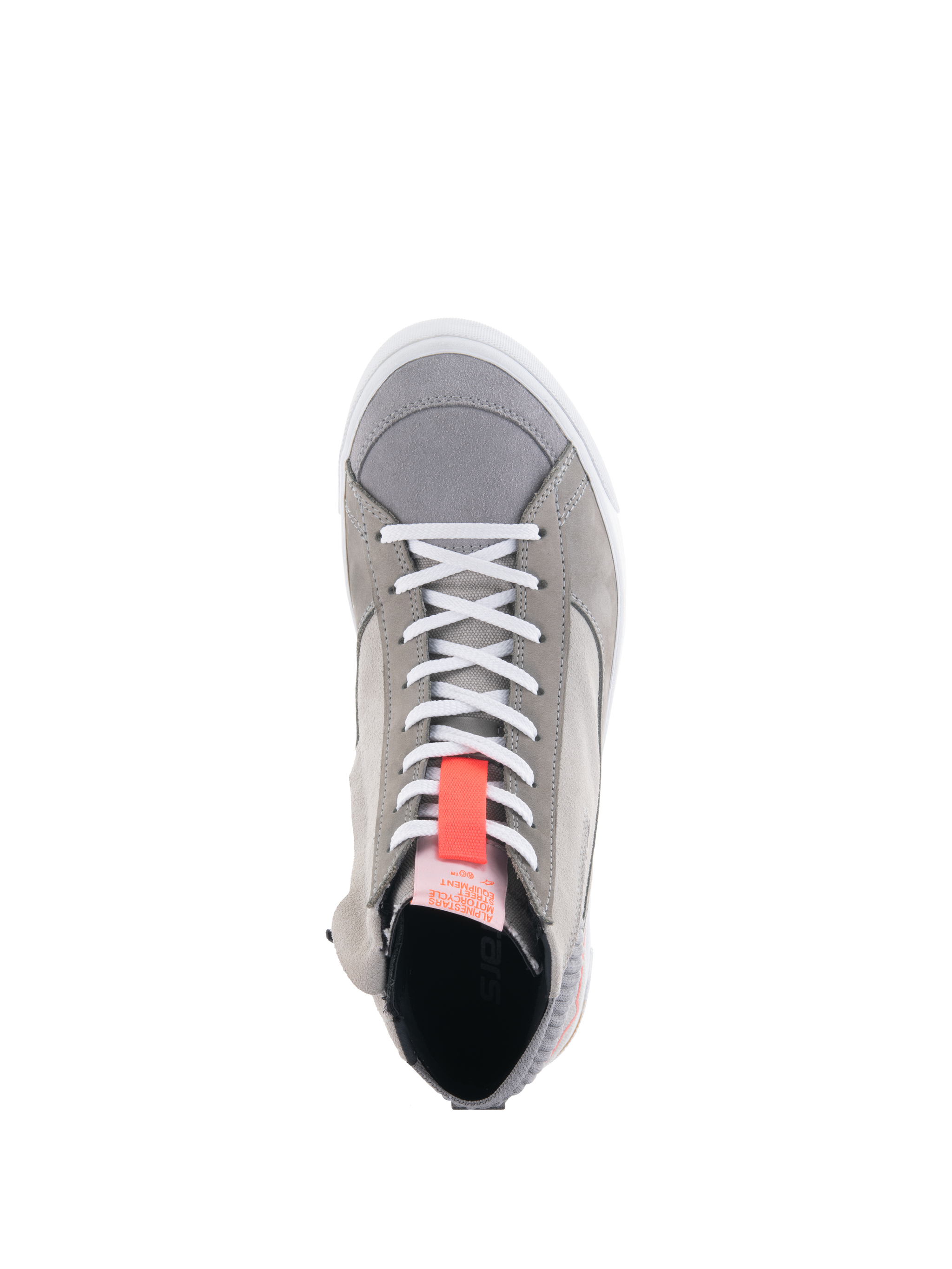 Alpinestars Stated Shoes, Light Gray motorcycle riding sneakers, top-down view featuring white laces and a bright red fluo pull tab, urban street style with suede and nubuck materials, white vulcanized sole edge
