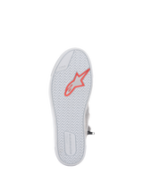 Alpinestars Stated Shoes, Urban Motorcycle Riding Shoes, Light Gray and White, underside view of the vulcanized rubber sole featuring a red fluo star logo, herringbone tread pattern for grip, TPF marking and Alpinestars branding on the heel