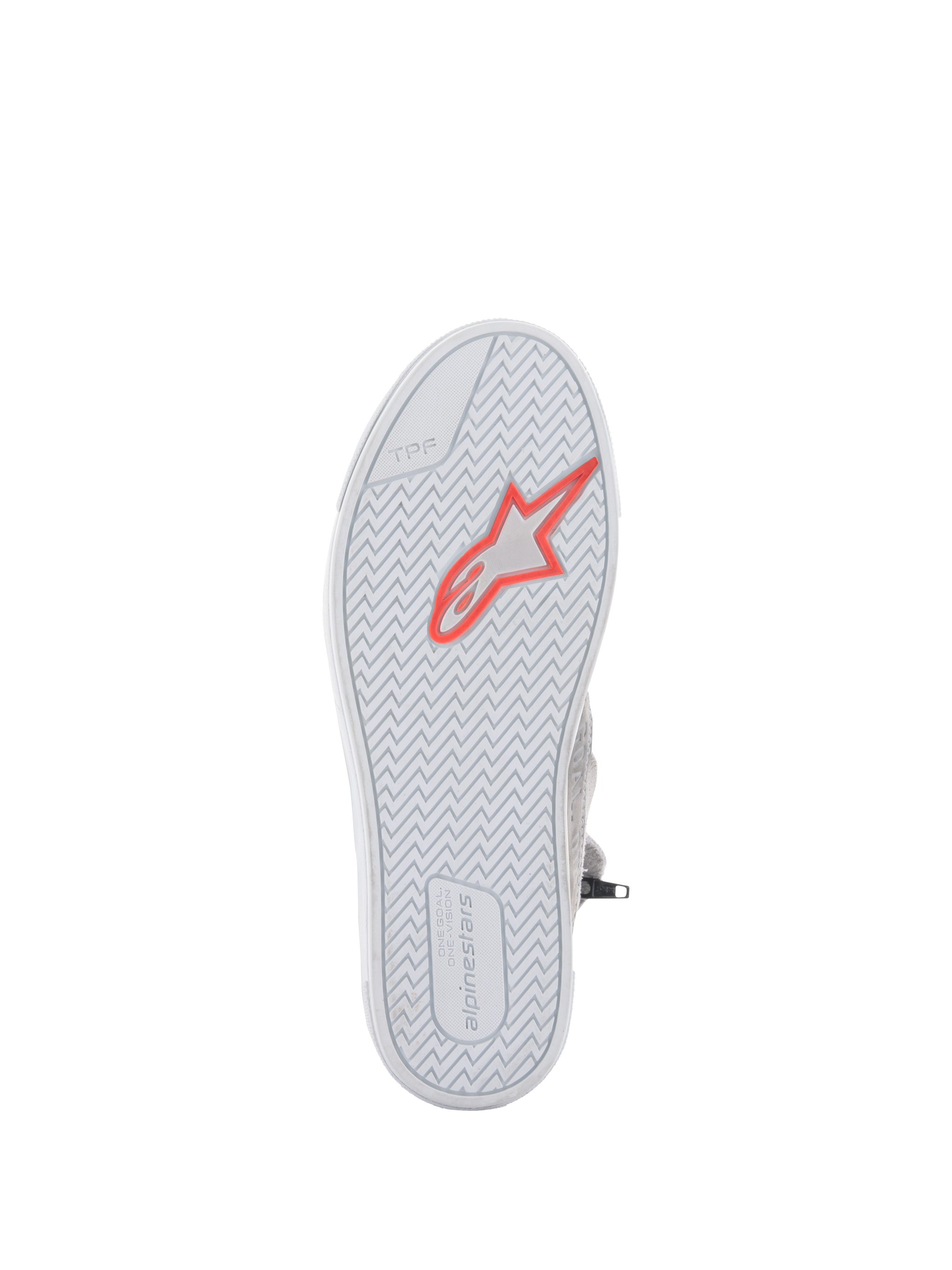 Alpinestars Stated Shoes, Urban Motorcycle Riding Shoes, Light Gray and White, underside view of the vulcanized rubber sole featuring a red fluo star logo, herringbone tread pattern for grip, TPF marking and Alpinestars branding on the heel