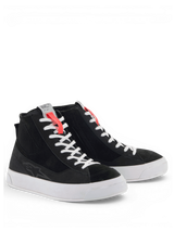 Alpinestars Stella Stated Podium Shoes, women's black urban motorcycle shoes with white soles and skate-inspired styling.