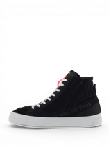 Alpinestars Stella Stated Podium Shoes, women's black urban riding sneakers with skate-inspired style and white soles.