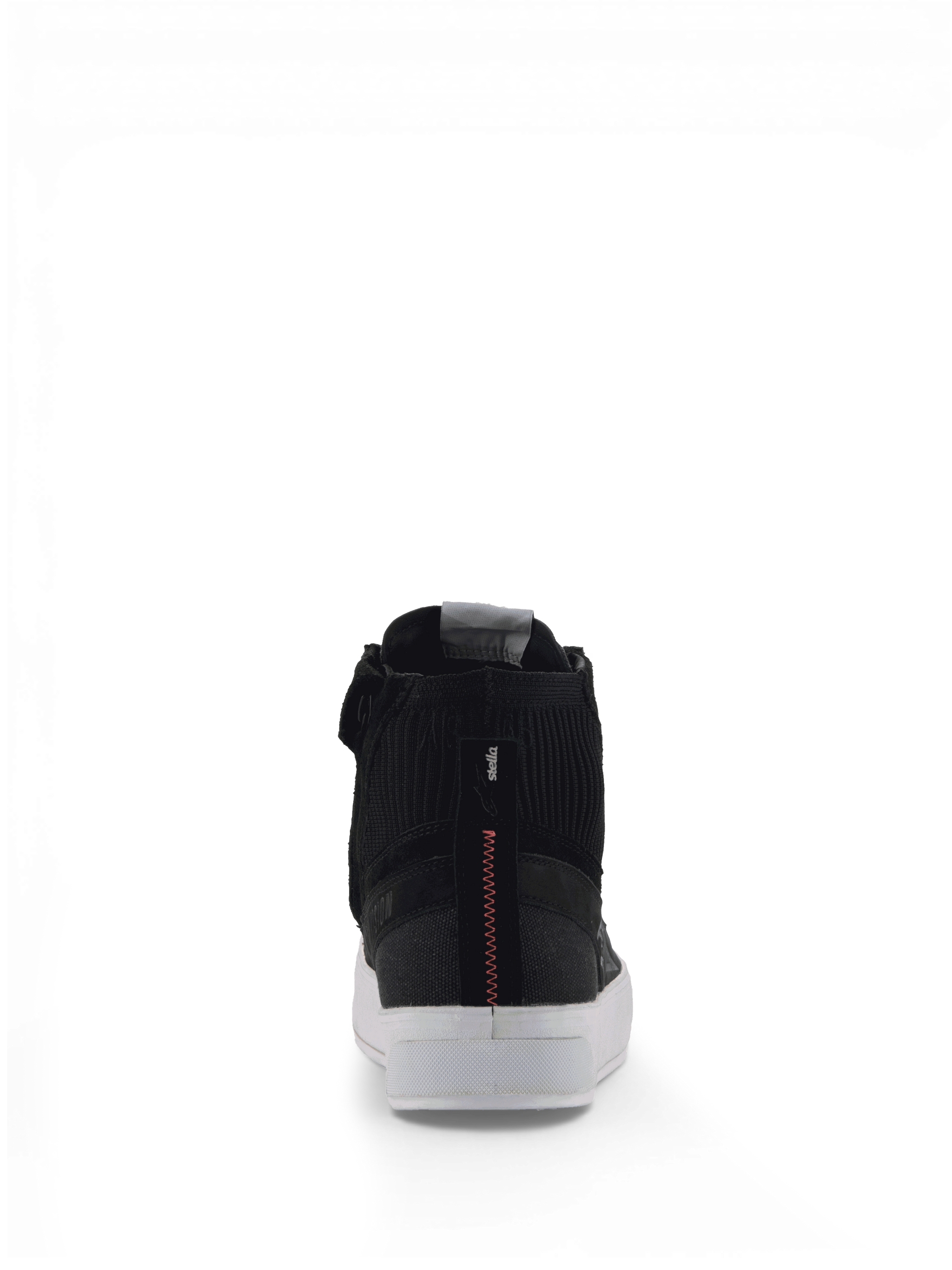 Alpinestars Stella Stated Podium Shoes, women's urban motorcycle sneakers, black and white with red heel stitching.