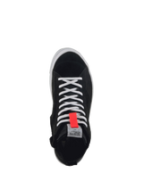 Alpinestars Stella Stated Podium Shoes, Women's Urban Motorcycle Riding Shoes, Black and White with Red detail, Top-down view showing split suede and canvas construction.