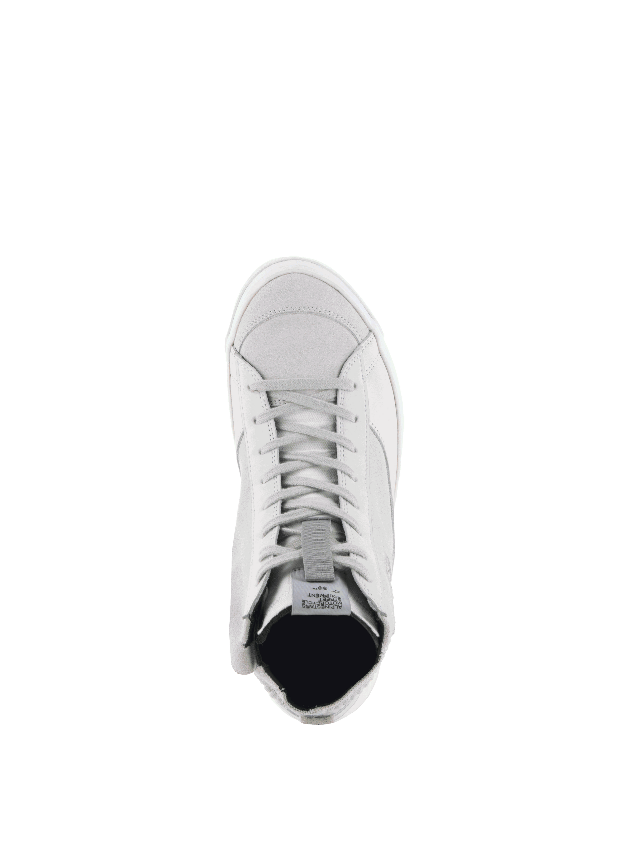 Alpinestars Stella Stated Podium Shoes, women's white and cool gray urban motorcycle riding sneakers, top-down view.