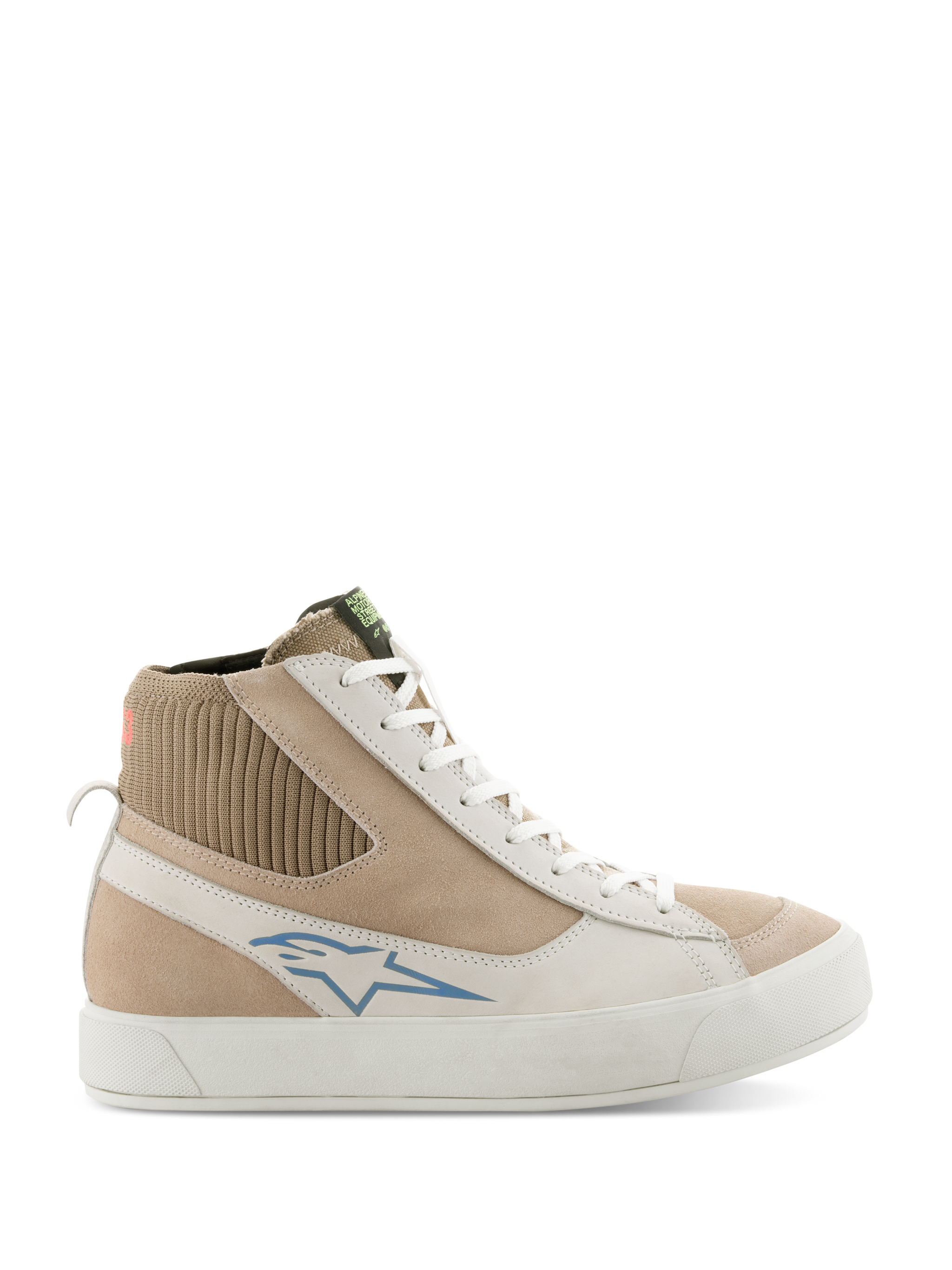 Alpinestars Stella Stated Podium Shoes, Women's High-Top Riding Sneakers, White and Light Gray, beige suede and leather upper, blue Alpinestars logo, ribbed knit ankle collar, thick white vulcanized sole, retro skate style