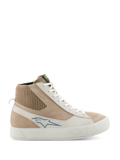 Alpinestars Stella Stated Podium Shoes, Women's High-Top Riding Sneakers, White and Light Gray, beige suede and leather upper, blue Alpinestars logo, ribbed knit ankle collar, thick white vulcanized sole, retro skate style