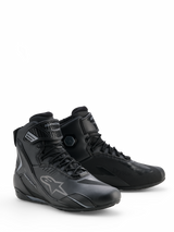 Alpinestars Faster-4 Drystar® Shoes, Black Cool Gray motorcycle riding shoes, high-top design with lace closure and adjustable ankle strap, featuring the iconic star logo and Drystar branding, durable and waterproof sports footwear