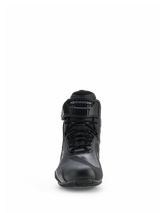 Alpinestars Faster-4 Drystar® Shoes, Motorcycle Riding Shoes, Black and Cool Gray, front view featuring lace-up closure and adjustable hook-and-loop strap with Alpinestars branding, sleek waterproof design for road sports