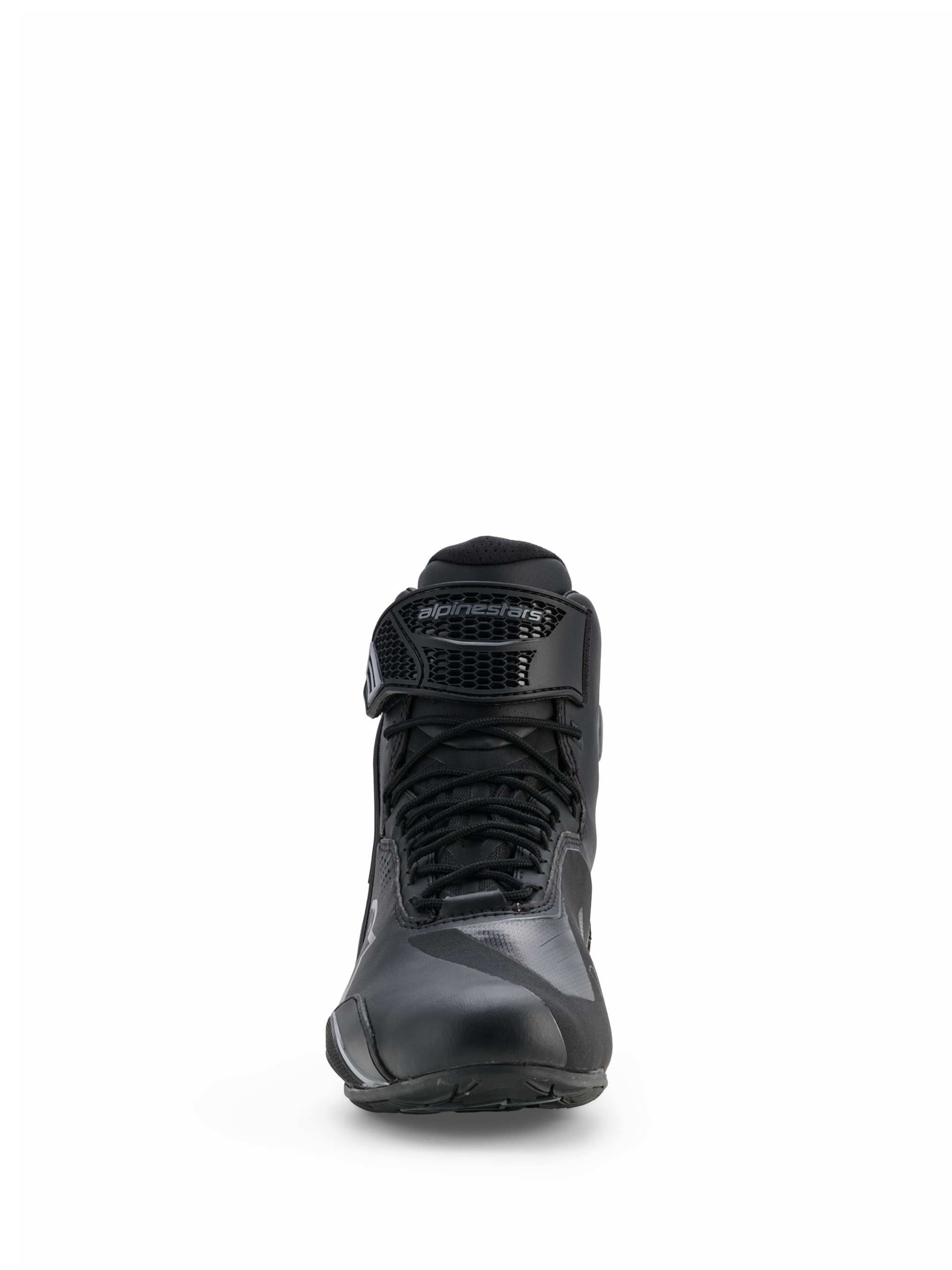 Alpinestars Faster-4 Drystar® Shoes, Motorcycle Riding Shoes, Black and Cool Gray, front view featuring lace-up closure and adjustable hook-and-loop strap with Alpinestars branding, sleek waterproof design for road sports