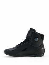 Alpinestars Faster-4 Drystar® Shoes, Motorcycle Riding Shoes, Black Cool Gray, side profile view featuring seamless microfiber construction, Drystar waterproof branding, lace-up closure with an ankle strap, and integrated protective ankle structure.