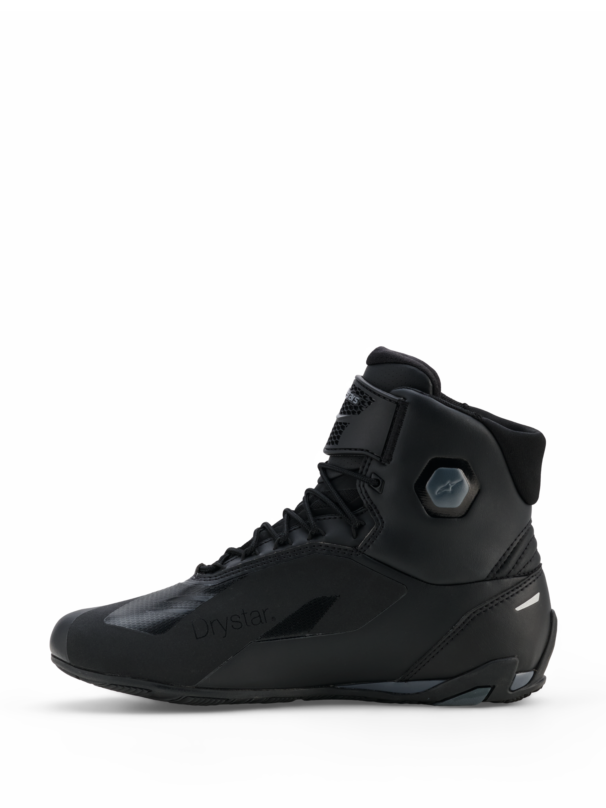 Alpinestars Faster-4 Drystar® Shoes, Motorcycle Riding Shoes, Black Cool Gray, side profile view featuring seamless microfiber construction, Drystar waterproof branding, lace-up closure with an ankle strap, and integrated protective ankle structure.