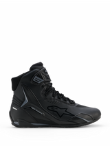 Alpinestars Faster-4 Drystar® Shoes, Black and Cool Gray Motorcycle Riding Shoes, High-Top Design with Lace-Up Closure and Hook-and-Loop Ankle Strap, Featuring Drystar Waterproof Branding and Alpinestars Star Logo, Sleek Sporty Profile for Road Riding