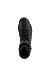 Alpinestars Faster-4 Drystar® Shoes, Black Cool Gray, top-down view of motorcycle riding shoe, featuring lace-up closure and a hook-and-loop ankle strap, seamless microfiber construction with Drystar® branding, sleek athletic profile for protective road riding.