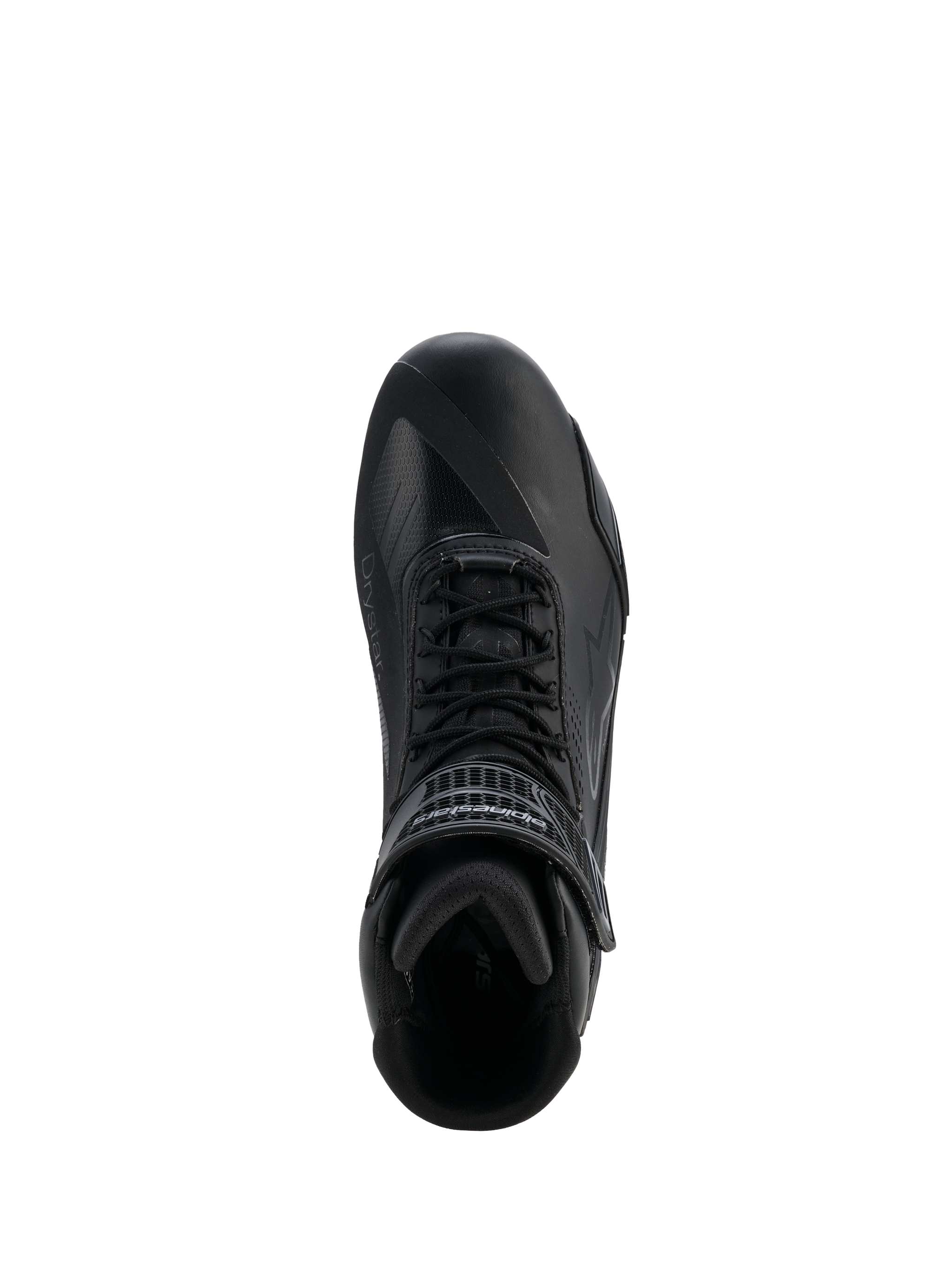 Alpinestars Faster-4 Drystar® Shoes, Black Cool Gray, top-down view of motorcycle riding shoe, featuring lace-up closure and a hook-and-loop ankle strap, seamless microfiber construction with Drystar® branding, sleek athletic profile for protective road riding.