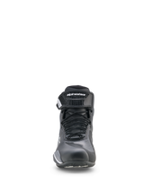 Alpinestars Faster-4 Drystar® Shoes, Motorcycle Riding Shoes, Black Cool Gray and White, front view featuring lace-up closure and hook-and-loop ankle strap, sporty low-cut profile for road riding