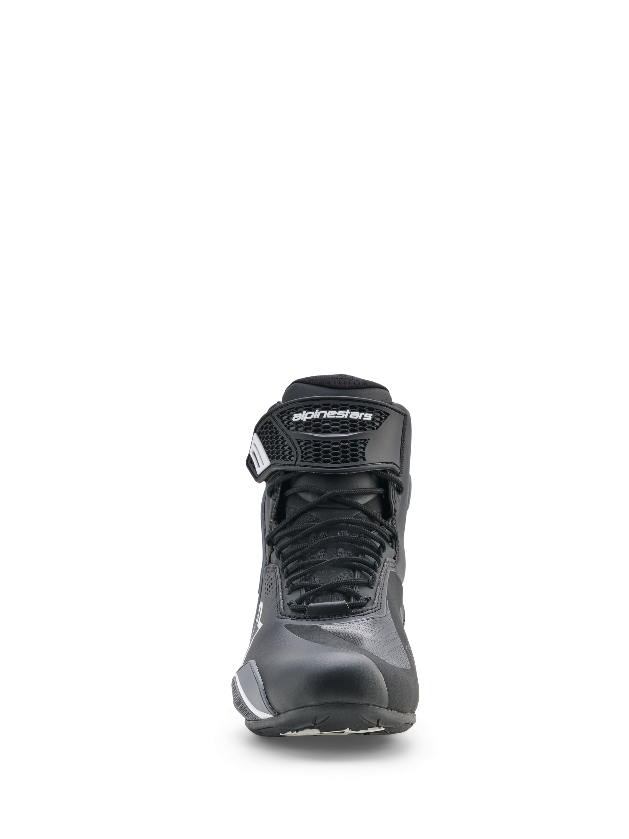 Alpinestars Faster-4 Drystar® Shoes, Motorcycle Riding Shoes, Black Cool Gray and White, front view featuring lace-up closure and hook-and-loop ankle strap, sporty low-cut profile for road riding