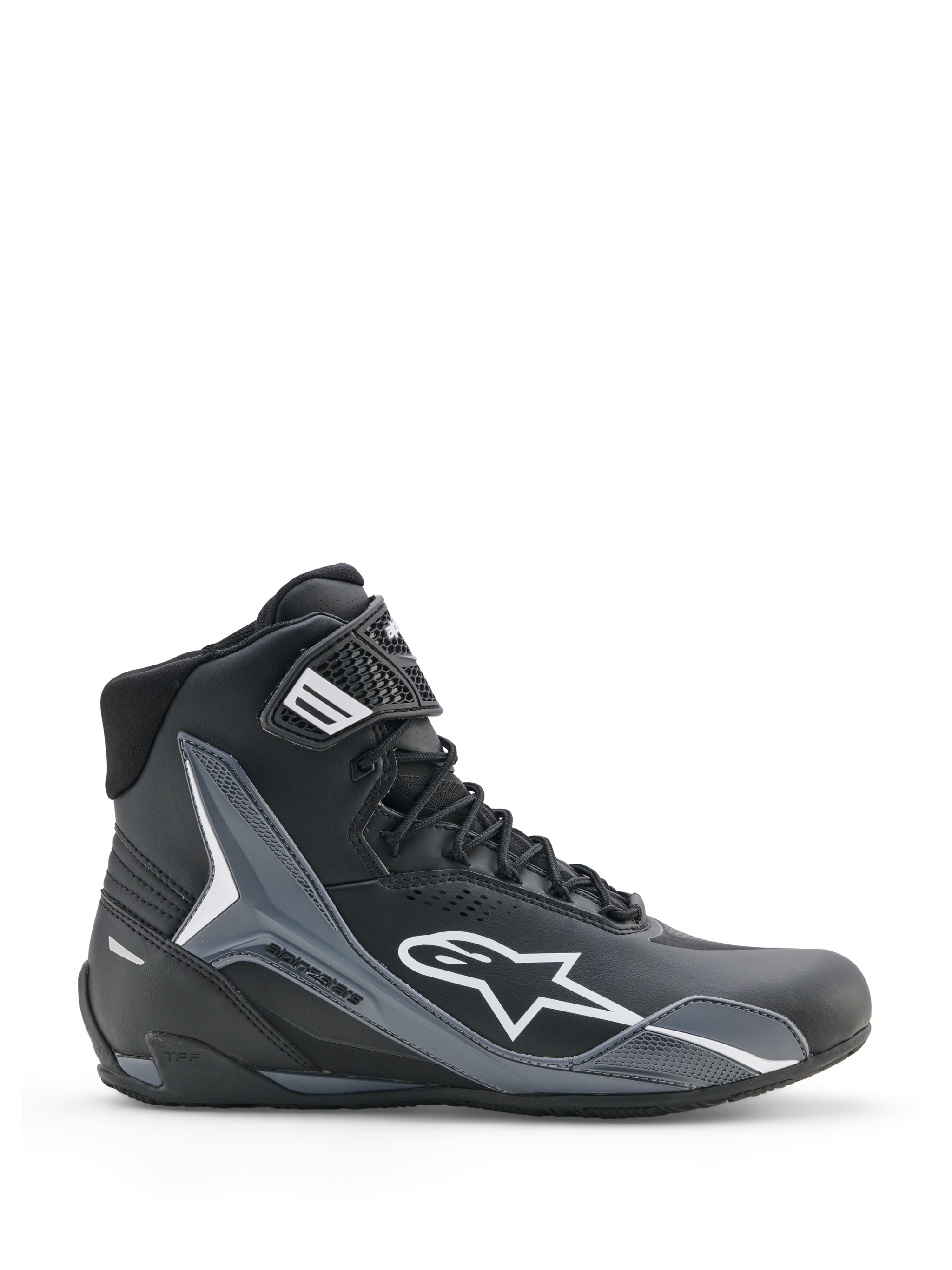 Alpinestars Faster-4 Drystar Shoes, Motorcycle Riding Shoes, Black Cool Gray White, side profile view showing white Astars logo, high-top design with reinforced protective panels, lace-up closure with ankle strap, modern sporty style