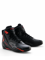 Alpinestars Faster-4 Drystar® Shoes, Motorcycle Riding Shoes, Black with Rio Red and Red Fluo accents, lace-up design with waterproof microfiber upper, sleek athletic profile for road and sport riding