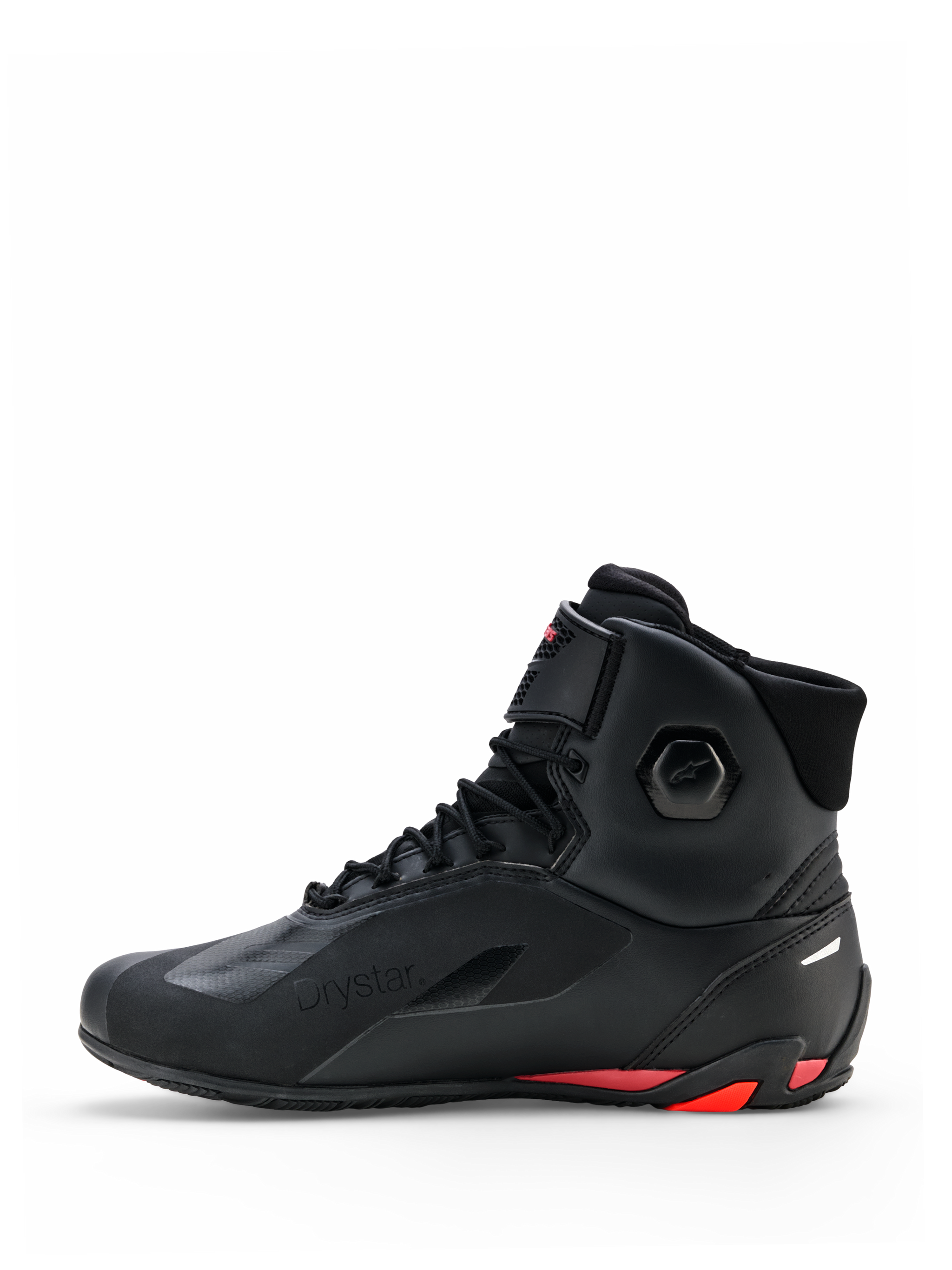 Alpinestars Faster-4 Drystar® Shoes, Motorcycle Riding Shoes, Black with Rio Red and Red Fluo accents, lateral side profile, featuring seamless microfiber construction, Drystar branding, and reinforced heel with red highlights