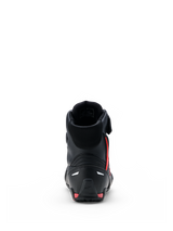 Alpinestars Faster-4 Drystar® Shoes, Motorcycle Riding Shoes, Black with Rio Red and Red Fluo accents, rear view showing reinforced heel counter, high-top design, and seamless microfiber construction.
