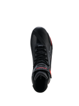Alpinestars Faster-4 Drystar® Shoes, Black with Rio Red and Red Fluo accents, top-down view showing lace-up system and hook-and-loop strap with red branding, waterproof motorcycle riding footwear