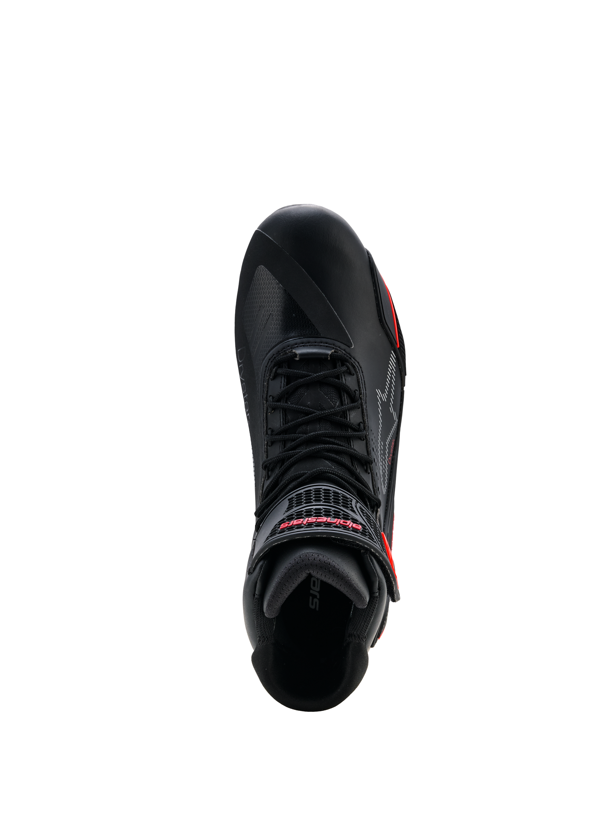 Alpinestars Faster-4 Drystar® Shoes, Black with Rio Red and Red Fluo accents, top-down view showing lace-up system and hook-and-loop strap with red branding, waterproof motorcycle riding footwear